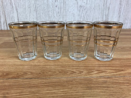 STRADIVARIUS Set Of 4 x Clear Glass Faceted Shot Glasses With Gold Coloured Ring Detail