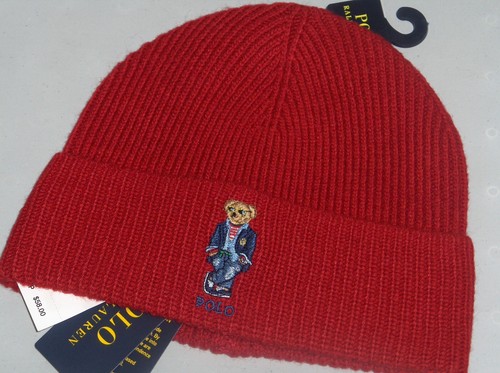 POLO RALPH LAUREN Men's Regatta Bear Rib Knit Beanie Hat, Watch Ski Cap RED, nwt