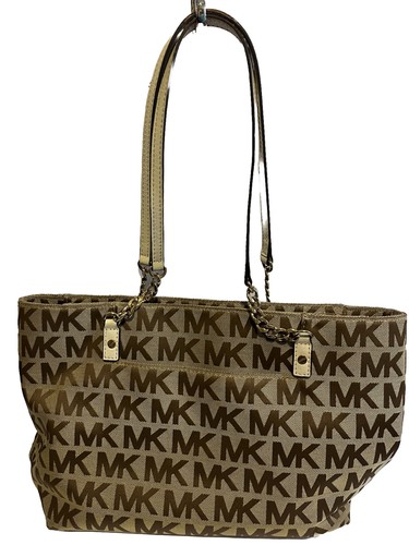 Borsa Michael Kors MK Lite marrone scuro oro catena serie # tela jacquard