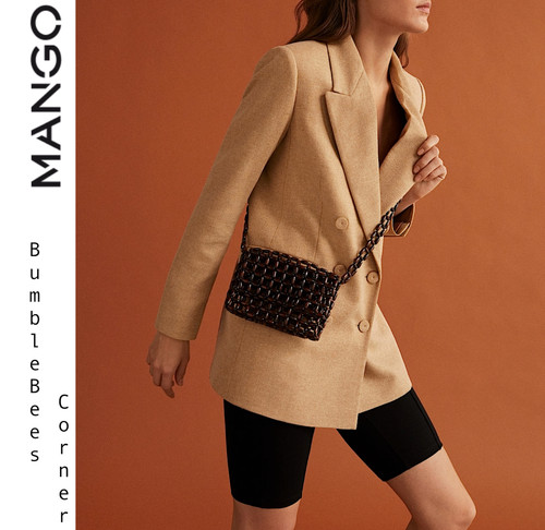 MANGO Mini Borsa a tracolla LEGNO CON PERLINE MARRONE Perline in legno Borsa a tracolla Nuova con etichette