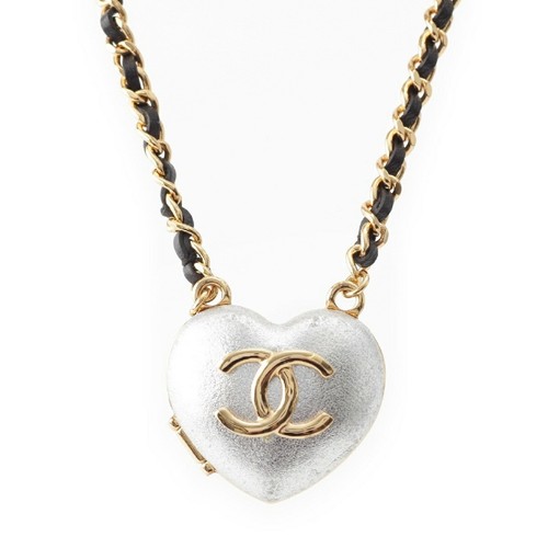 CHANEL JEWELRY Auth CHANEL C23 Heart Locket CC Mirror Necklace Black G 52cm w  Pouch