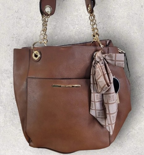 Steve Madden Cognac Bwilde Large Brown Tote w  Signature Scarf & Makeup Bag NWT
