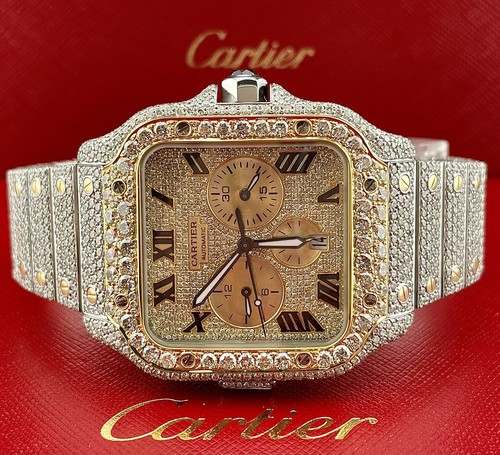 Orologio Cartier Santos 45mm XL Chrono Uomo Oro 18k e Acciaio 25ct Diamanti Ghiacciati
