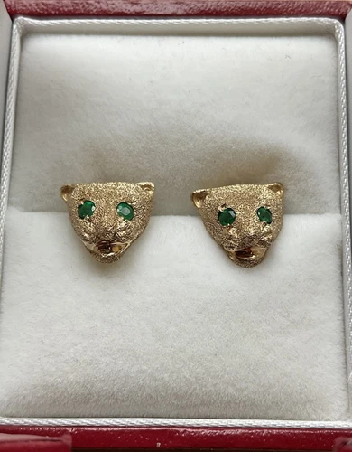 CARTIER Handmade Leopard Earrings & Ring (sz 6.5) In 14k Emerald Eyes