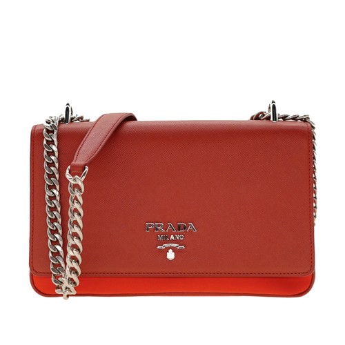 Borsa a tracolla catena Prada Saffiano Pelle e Nylon Rossa 1BD009 Nuova