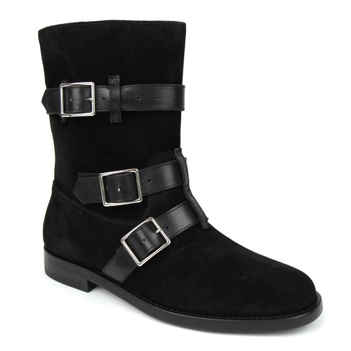 Saint Laurent Women's Black Suede Motorcycle Boot w/Strap Buckles 36 395356 1000
