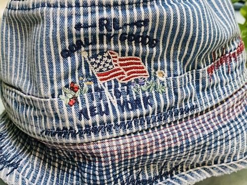 Polo Ralph Lauren Embroidered Flag Distressed Stripe Denim Bucket Hat. Sz M.
