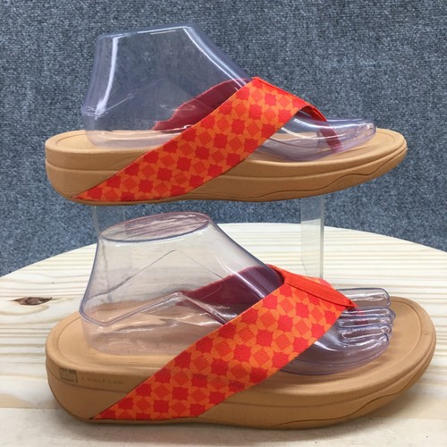 FitFlop Sandals Womens 9 Surfa x Yinka Ilori Thong Orange Toe Post Slip On Wedge
