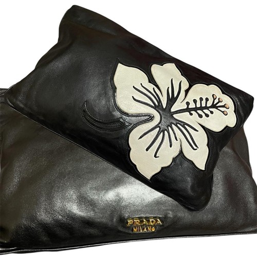 Prada Nappa Leather Clutch Bag White Hibiscus Floral Black G Hardware U