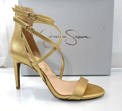 Sandali Jessica Simpson Myelle eleganti tacco alto con cinturino zip oro metallizzato taglia 9
