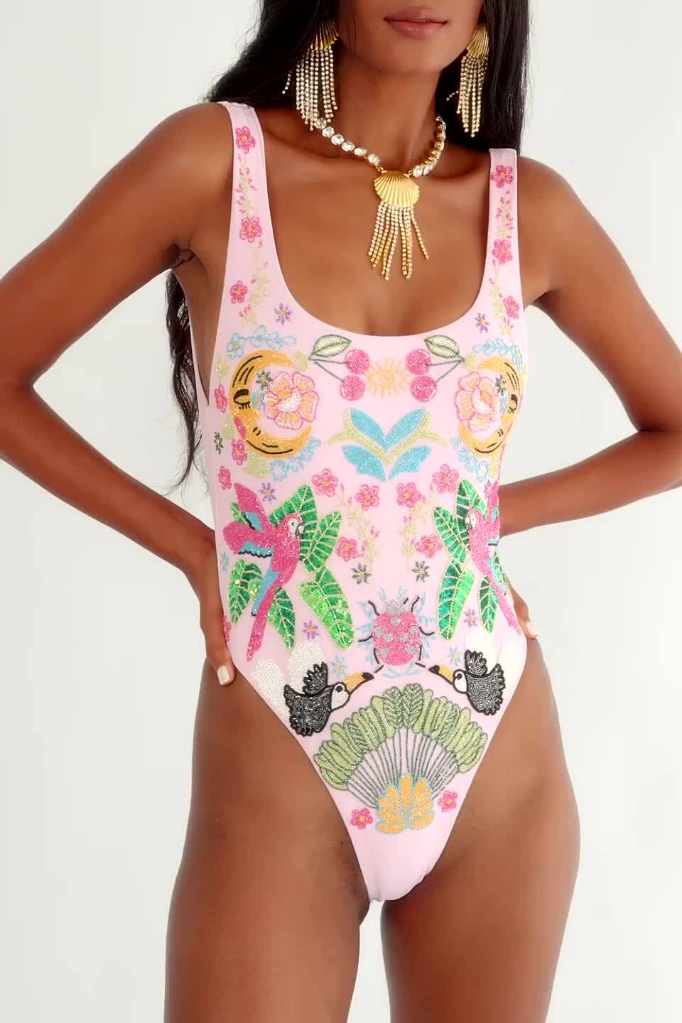 OCEANUS SWIMWEAR Rainforest Hand Beaded Swimsuit Pink