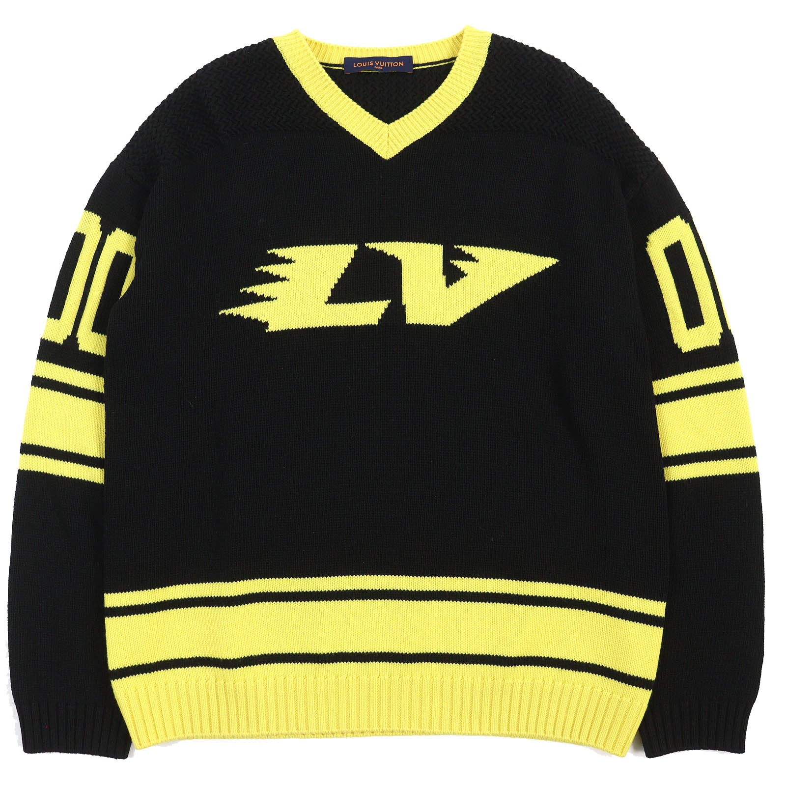 LOUIS VUITTON knit Main: 68% wool  18% rayon  9% nylon  5% cashmere Black yellow Amen Break LV Intarsia Football mens XL Used Authentic