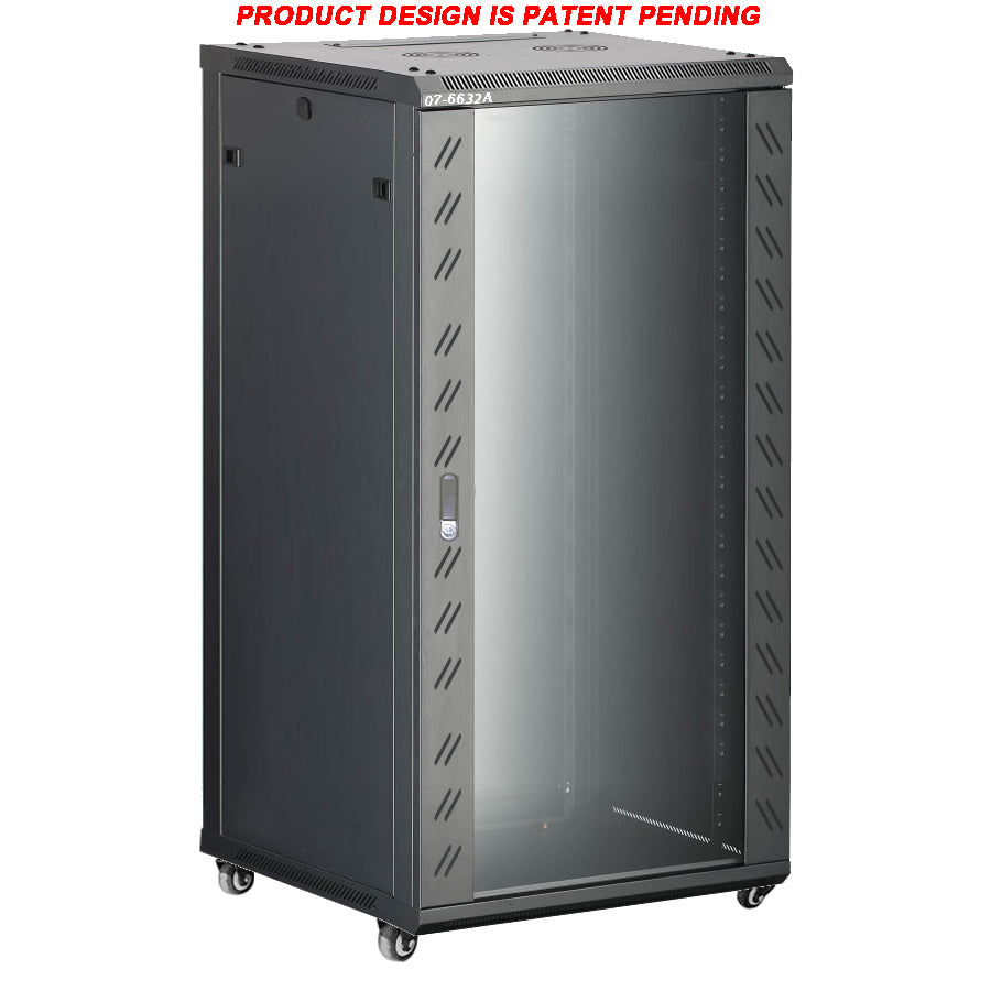 AA ELECTRONICS 07 6632A 32U 60cm(23.5 inch) Depth Server Network Cabinet   Locking Glass Door, 2 Fans, 2 Shelves, Casters with Brake
