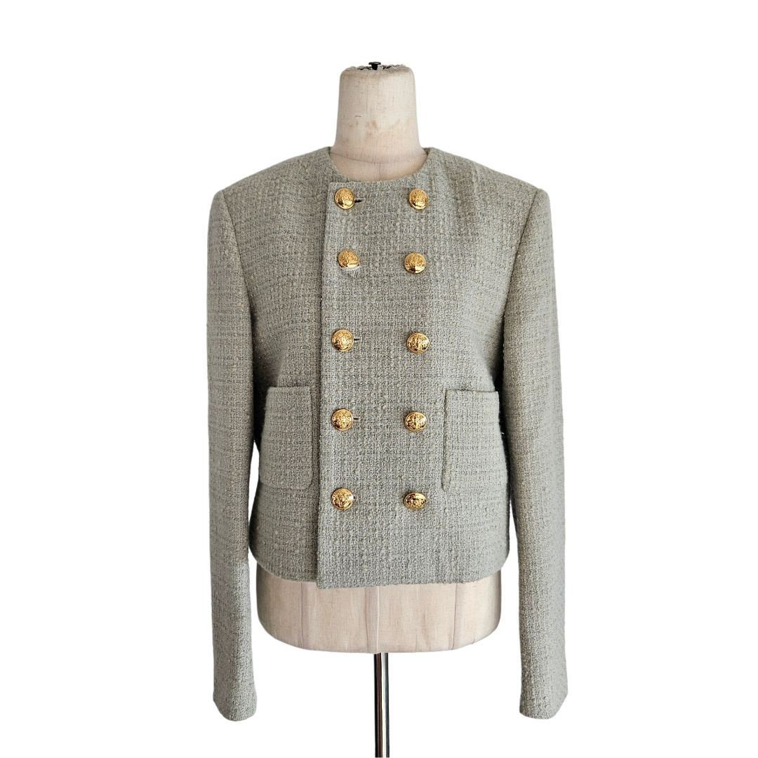 Celine 2021 Light Green Tweed Button Detail Cropped Jacket