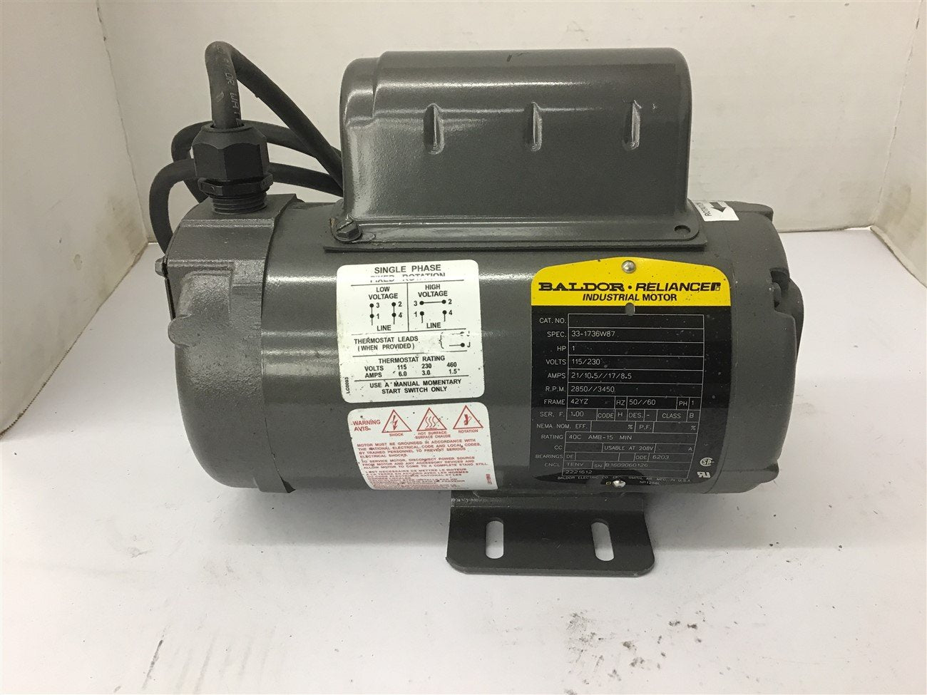 BME BEARINGS AND SURPLUS Baldor 33 1736W87 1 HP AC Motor 115/230 volts 3450 Rpm 42YZ Frame