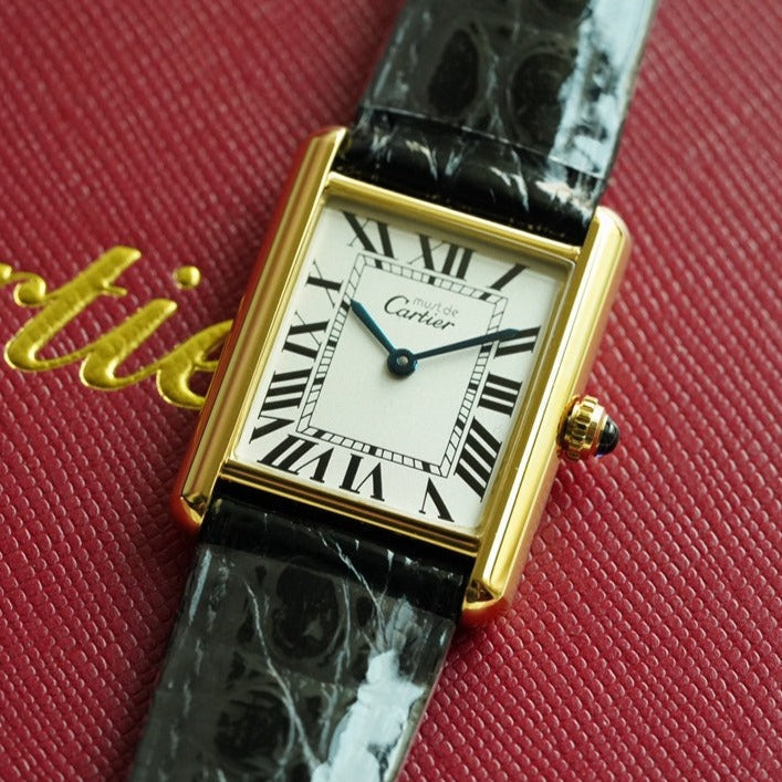 CARTIER WATCH TANK MUST DE SOLO 30MM GOLD CASE LEATHER STRAP