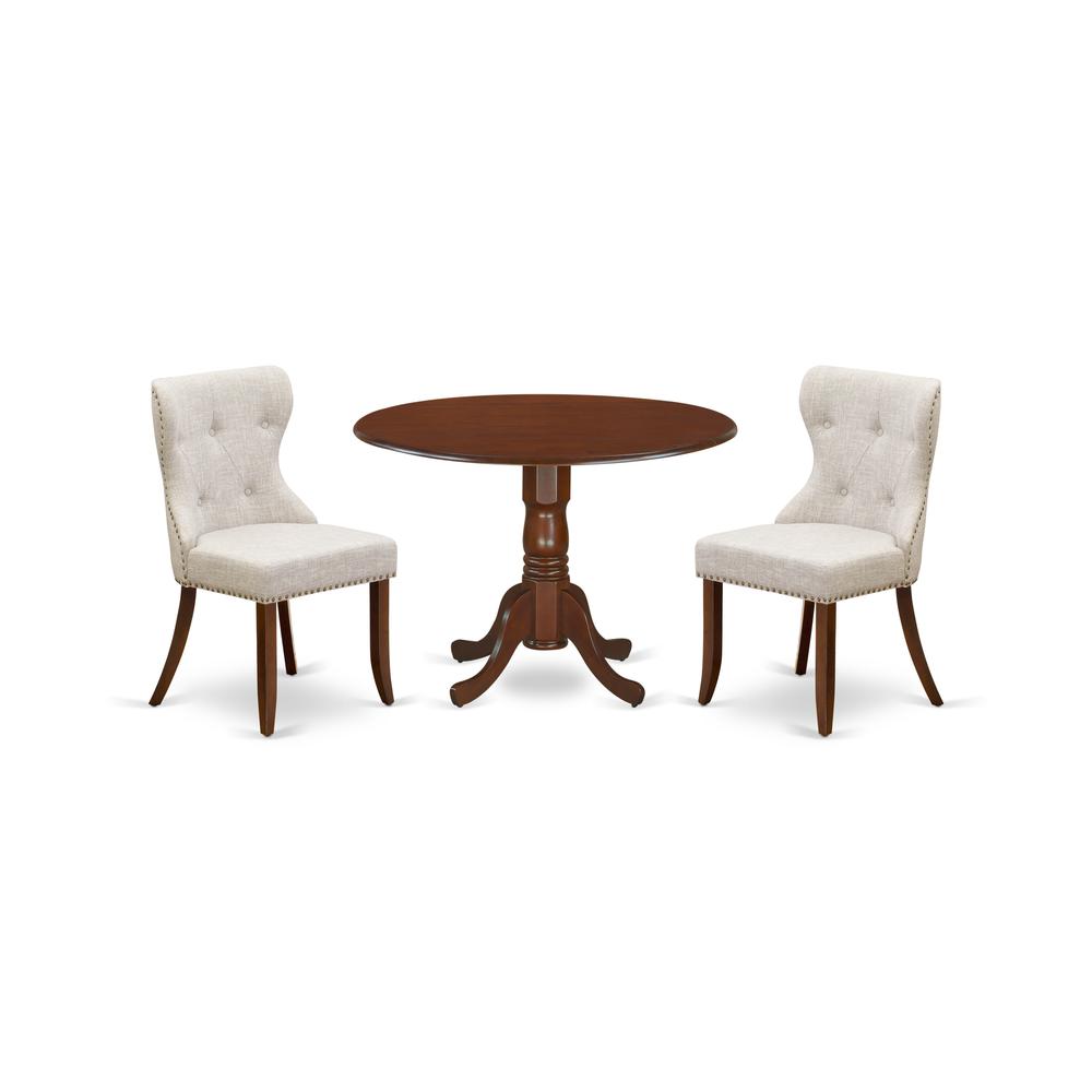 2736 East West Furniture DLSI3 MAH 35   A dining room table set of two wonderful dining chairs using Linen Fabric Doeskin color and a fantastic two 9" drop leaf round pedestal kitchen table in Mahogany Fin