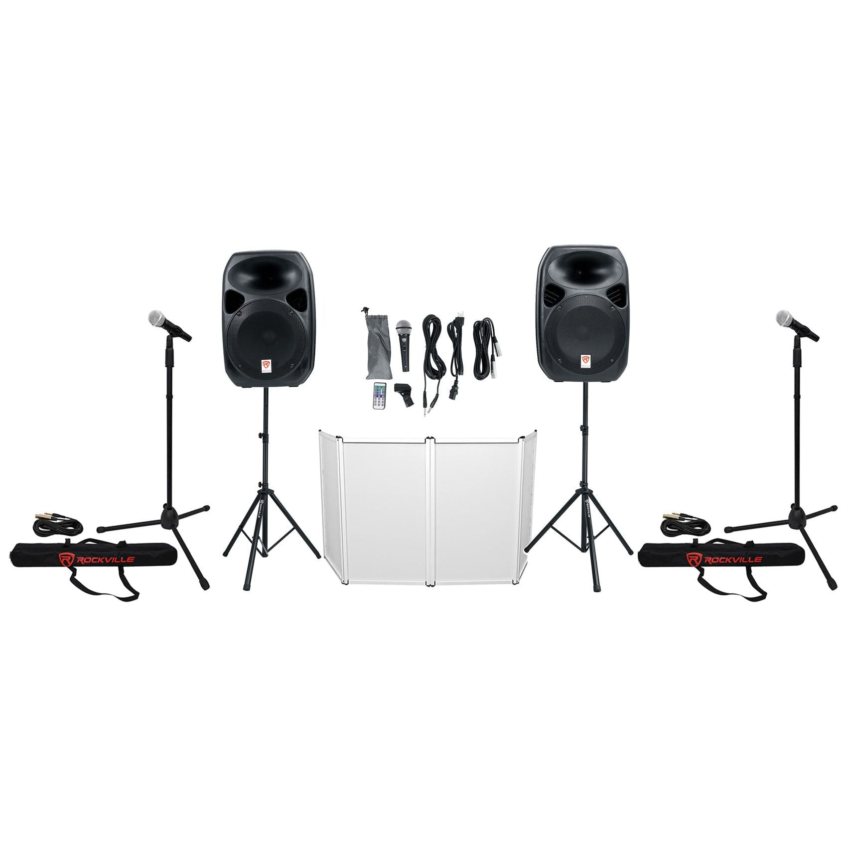 Rockville RPG122K Dual 12" Powered Speakers, Bluetooth+Mic+Stands+Cables+Facade