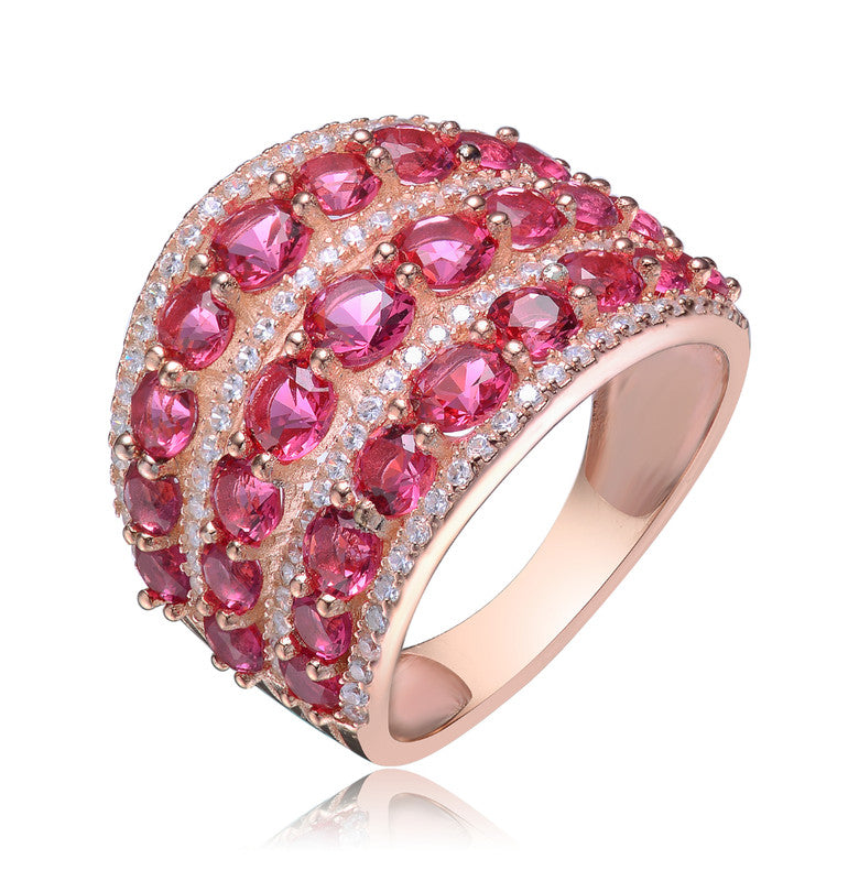 2121 Sterling Silver 18K Rose Gold Plated with Ruby Red Round Shaped Cubic Zirconia Cocktail Ring