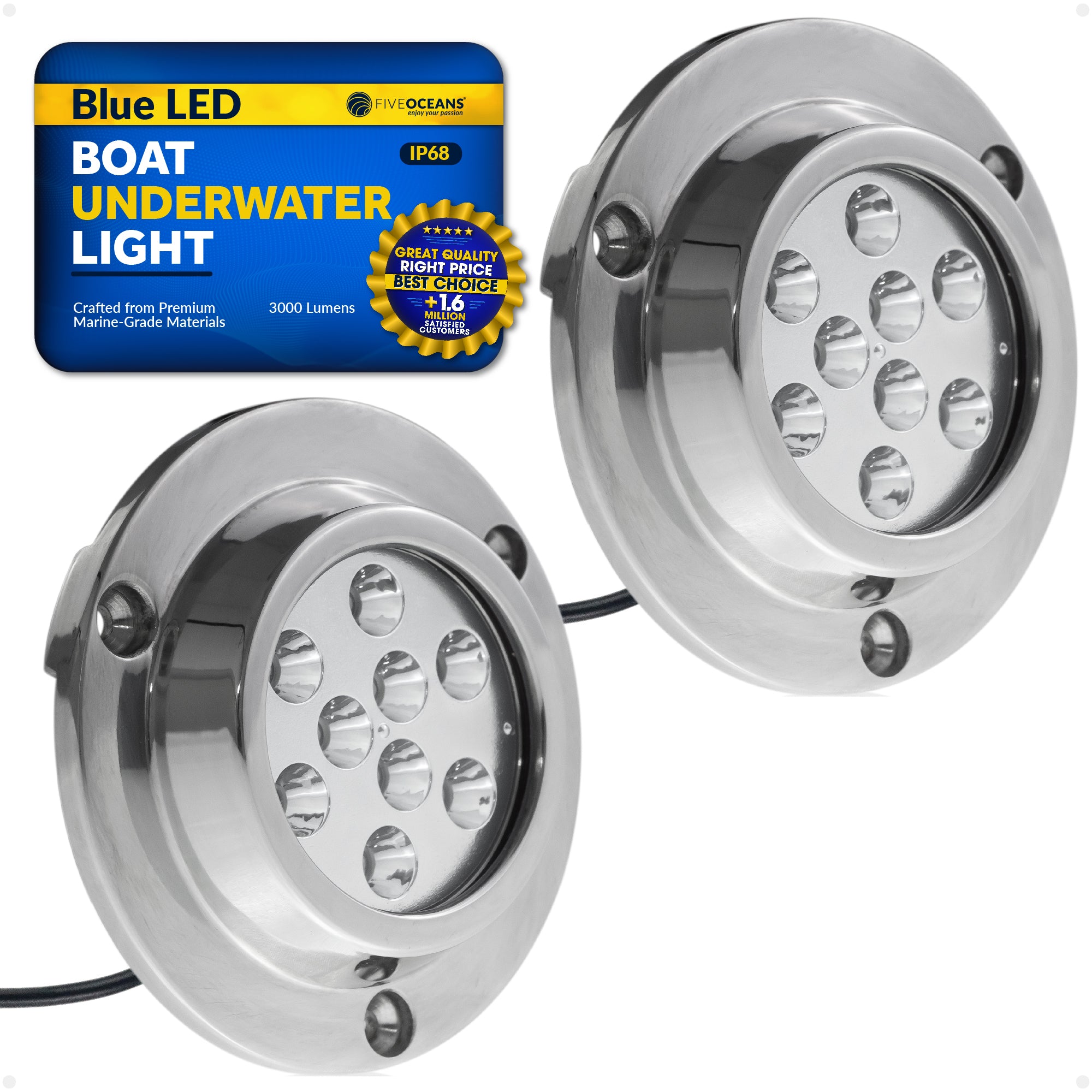 FIVE OCEANS Underwater Light, Stainless Steel, Blue LED, 2 Pack   FO4005 M2