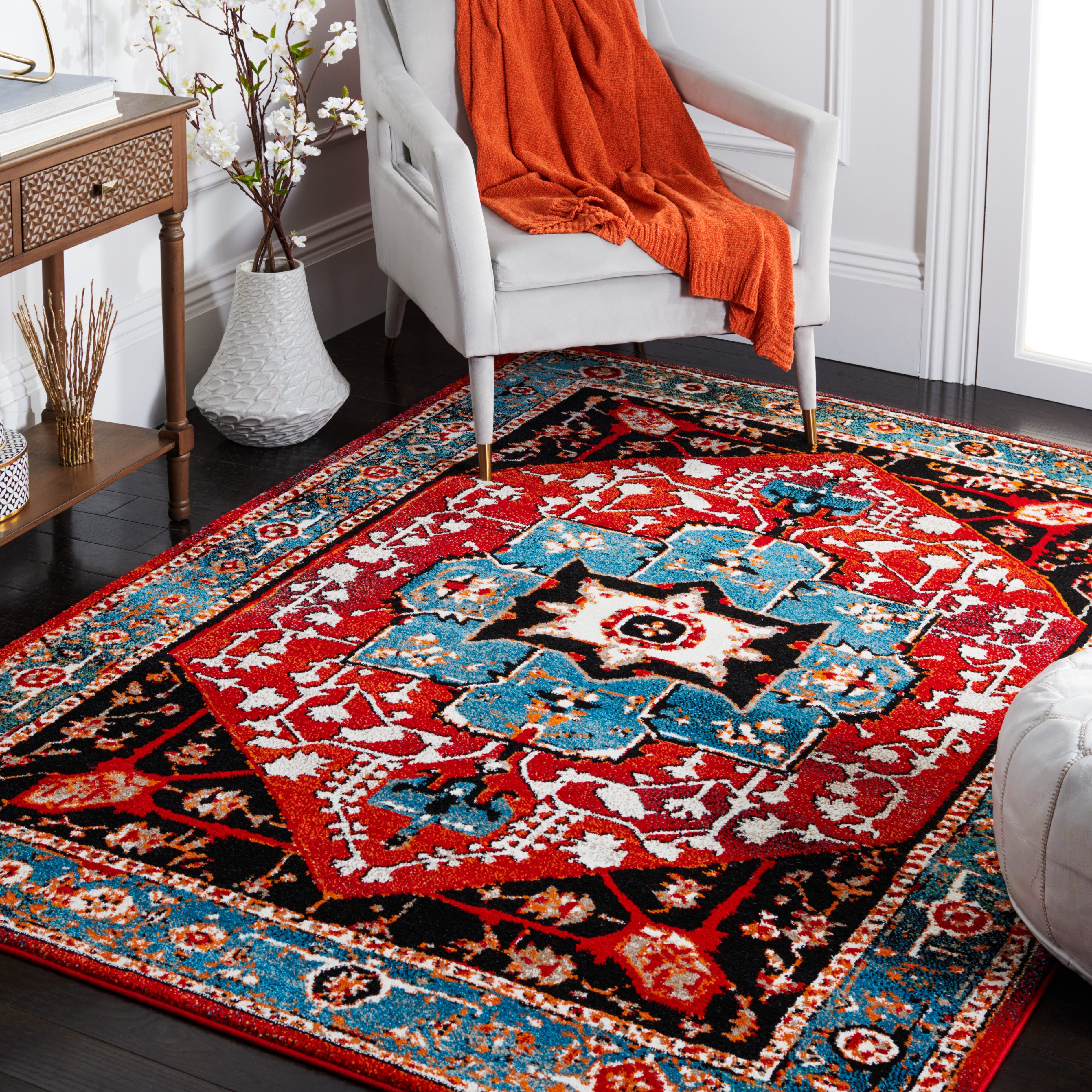 2346 Vintage Hamadan Machine Made Area Rug  Blue   Red Traditional Style Easy Care