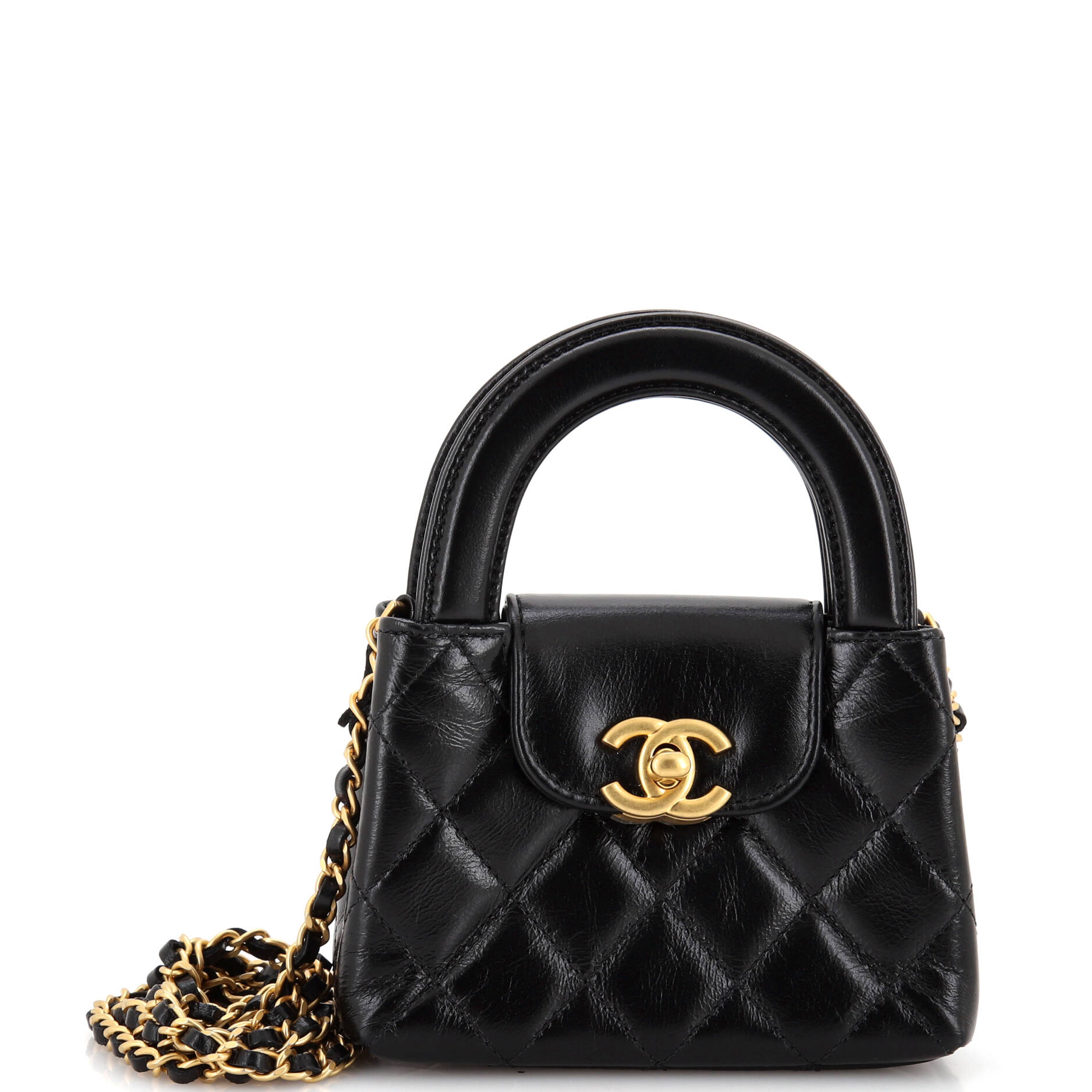 2860 Kelly Top Handle Clutch with Chain Quilted Shiny Aged Calfskin