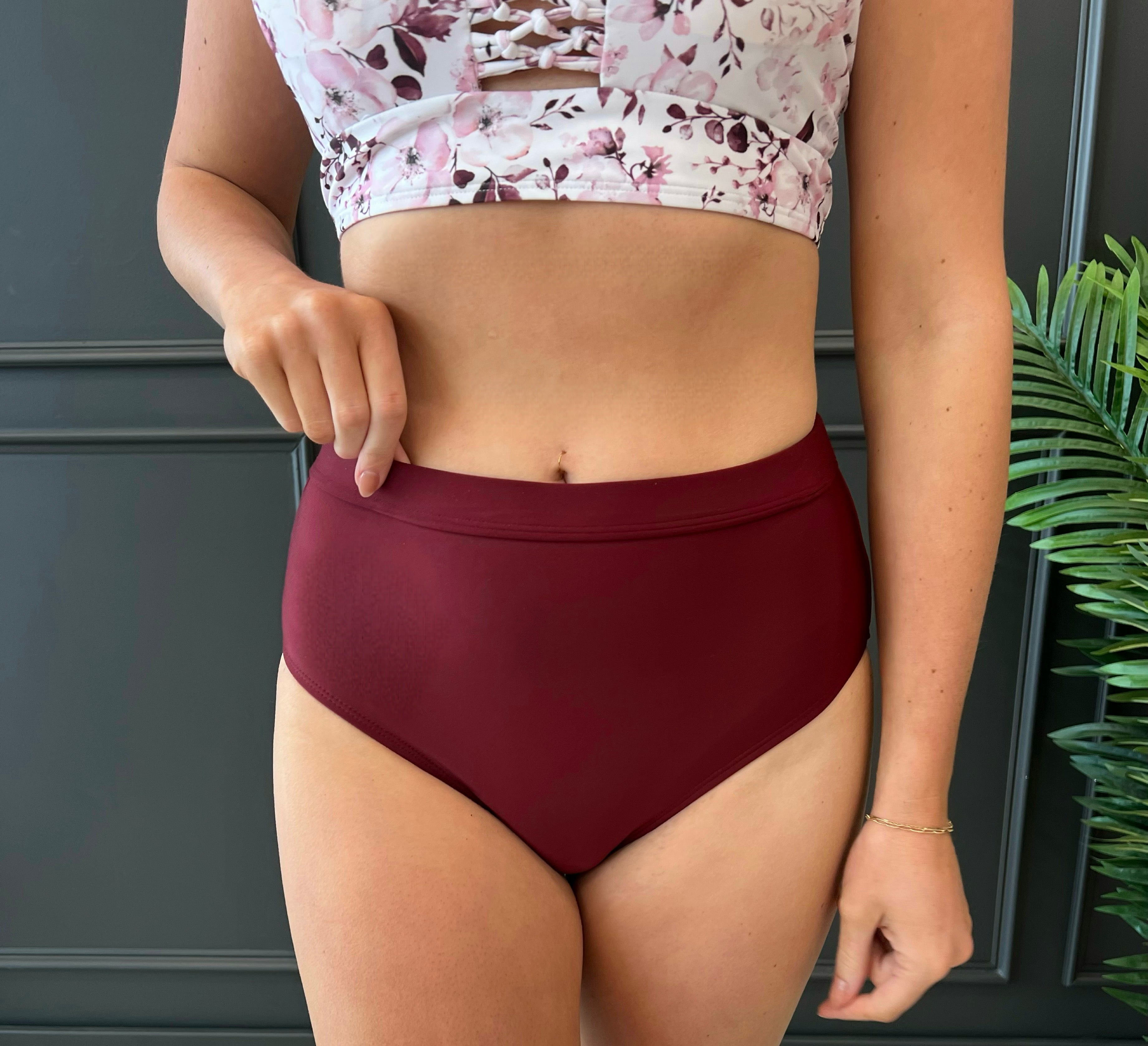 MACK AND MAL Sandy Shores High Rise Swim Bottoms  Burgundy