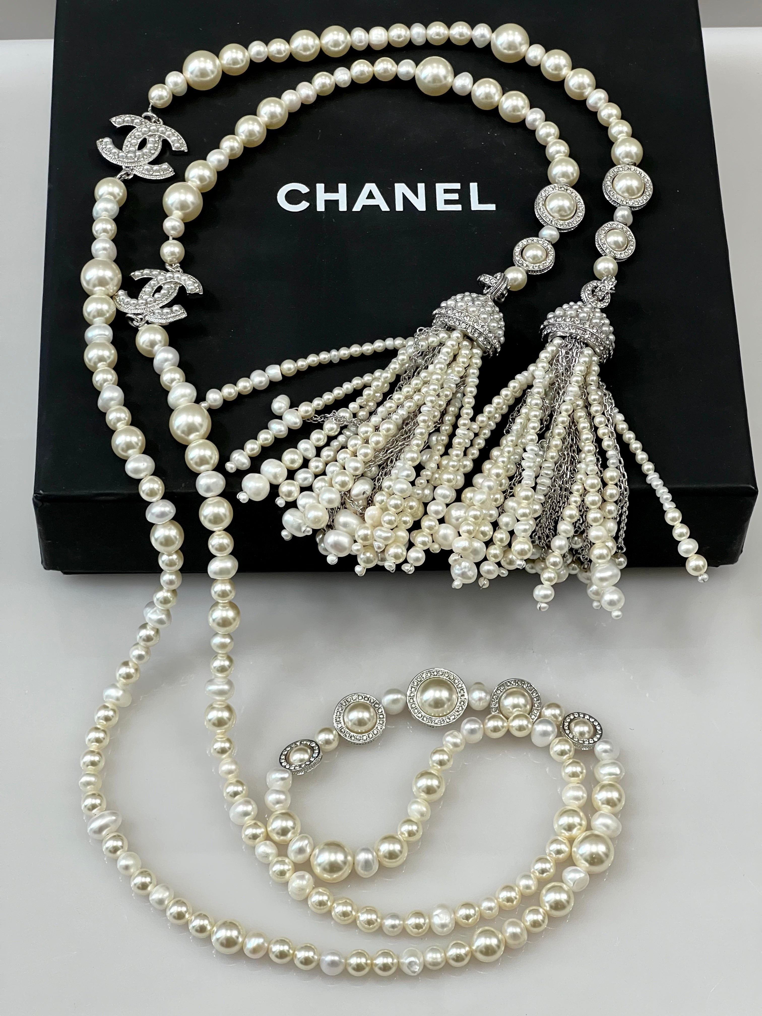 CHANEL FAUX PEARL CRYSTAL CC TASSLE NECKLACE  BELT