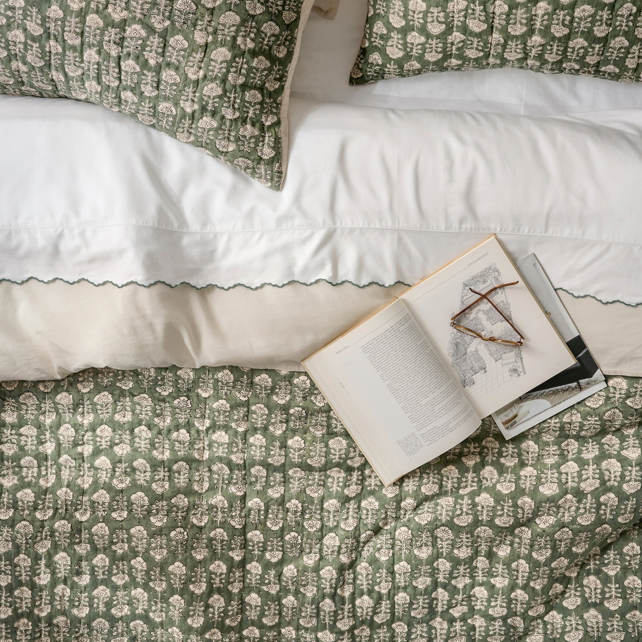 MAGNOLIA Dusty Green Flora Block Print Quilt + Sham Set (Queen)