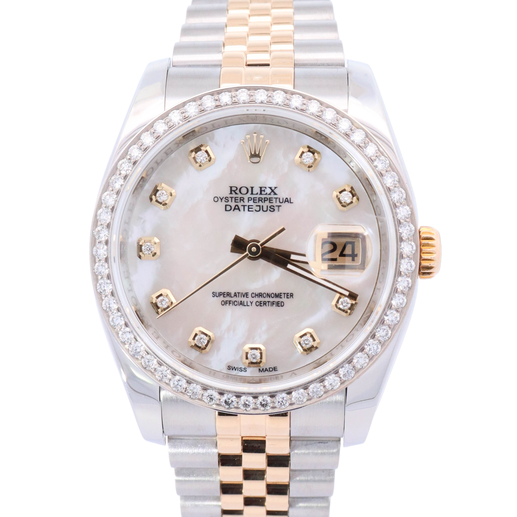 HAPPY JEWELERS Rolex Datejust Two Tone Yellow Gold & Steel 36mm White MOP Diamond Dial Watch Reference #: 116233