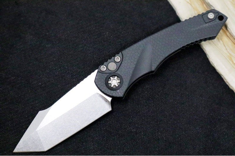 Heretic Knives Mini Pariah Auto   Stonewashed Finished Tanto / CPM Magnacut Steel / Black Gator Grip Polymer Handle H055 2A