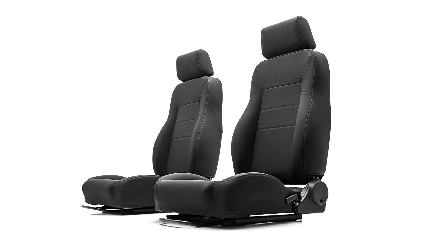 TOMS OFFROAD Black Vinyl Denim Custom Bucket Seats w/Brackets, 66 77 Ford Bronco