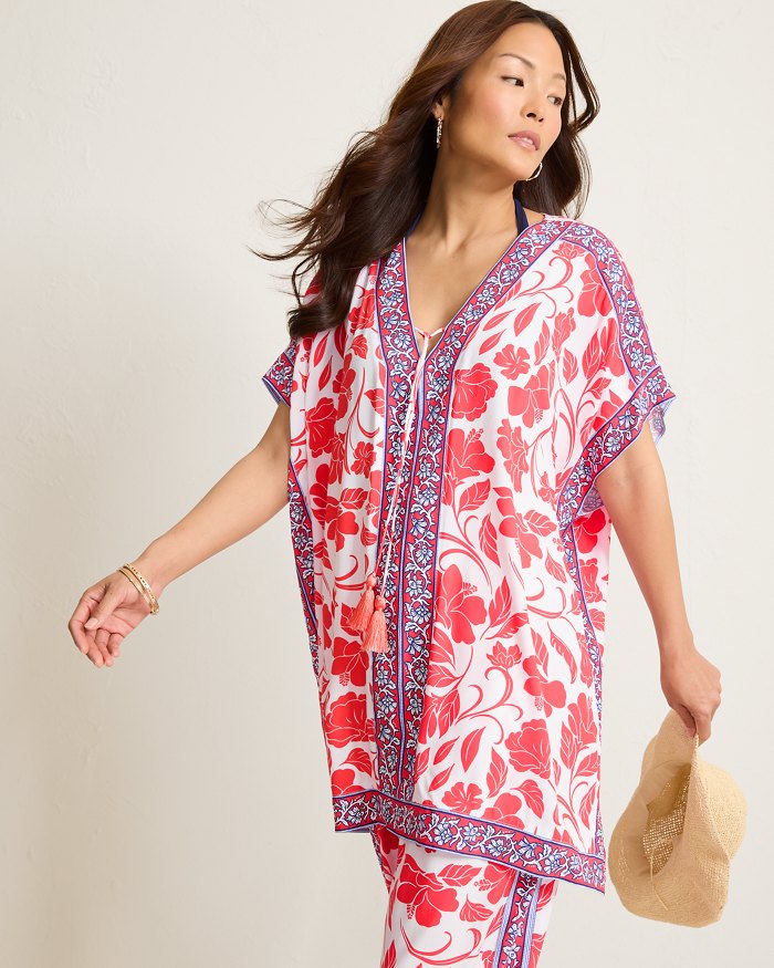 TOMMY BAHAMA WOMENS SWIMWEAR Tommy Bahama Fiori Border Tunic Cover Up   White