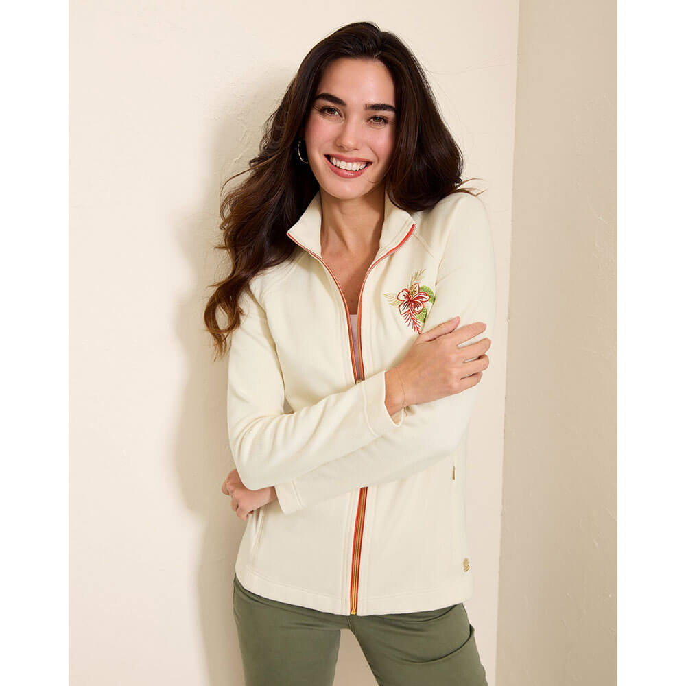 TOMMY BAHAMA WOMENS Tommy Bahama Women's Aruba Sunset Blooms Embroidered Full Zip Sweatshirt   Coconut