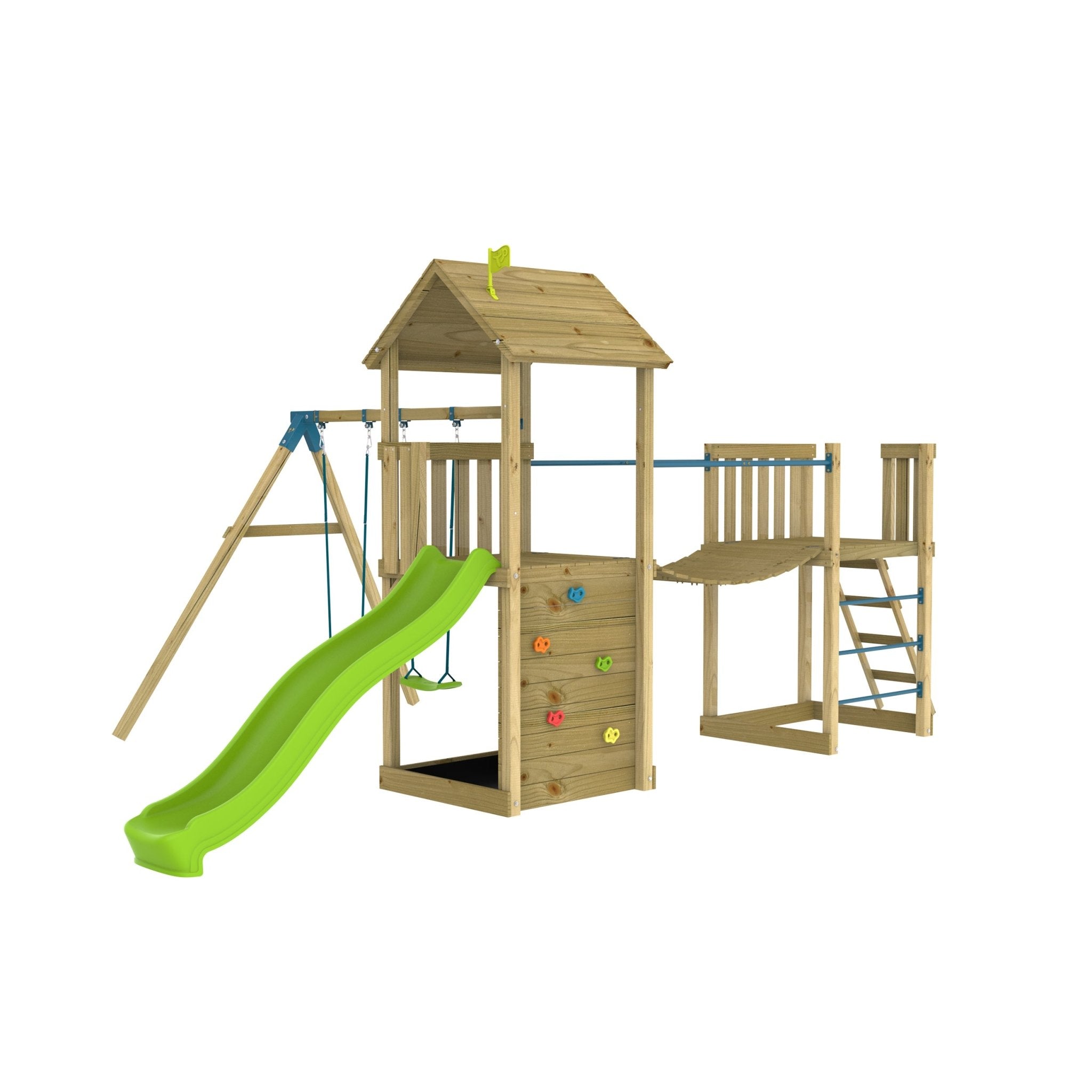 TP TOYS TP Skywood Wooden Tower Climbing Frame with Ripple Slide, Sky Bridge, Mini Tower & Double Swing Arm   FSC® certified
