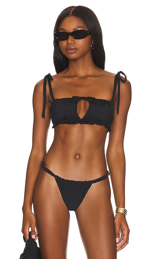 WeWoreWhat Ruched Ruffle Bikini Top in Black
