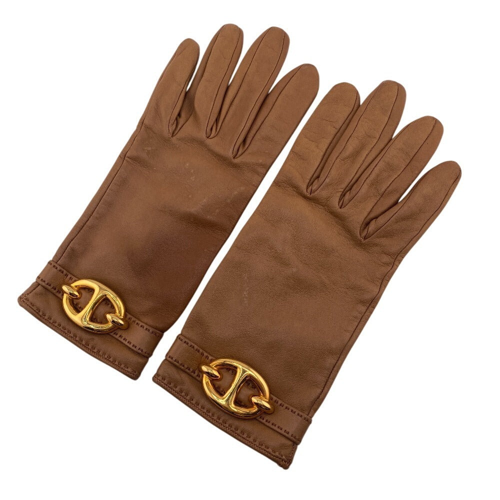 HERMES gloves Sheep leather Brown Chene Dunkle