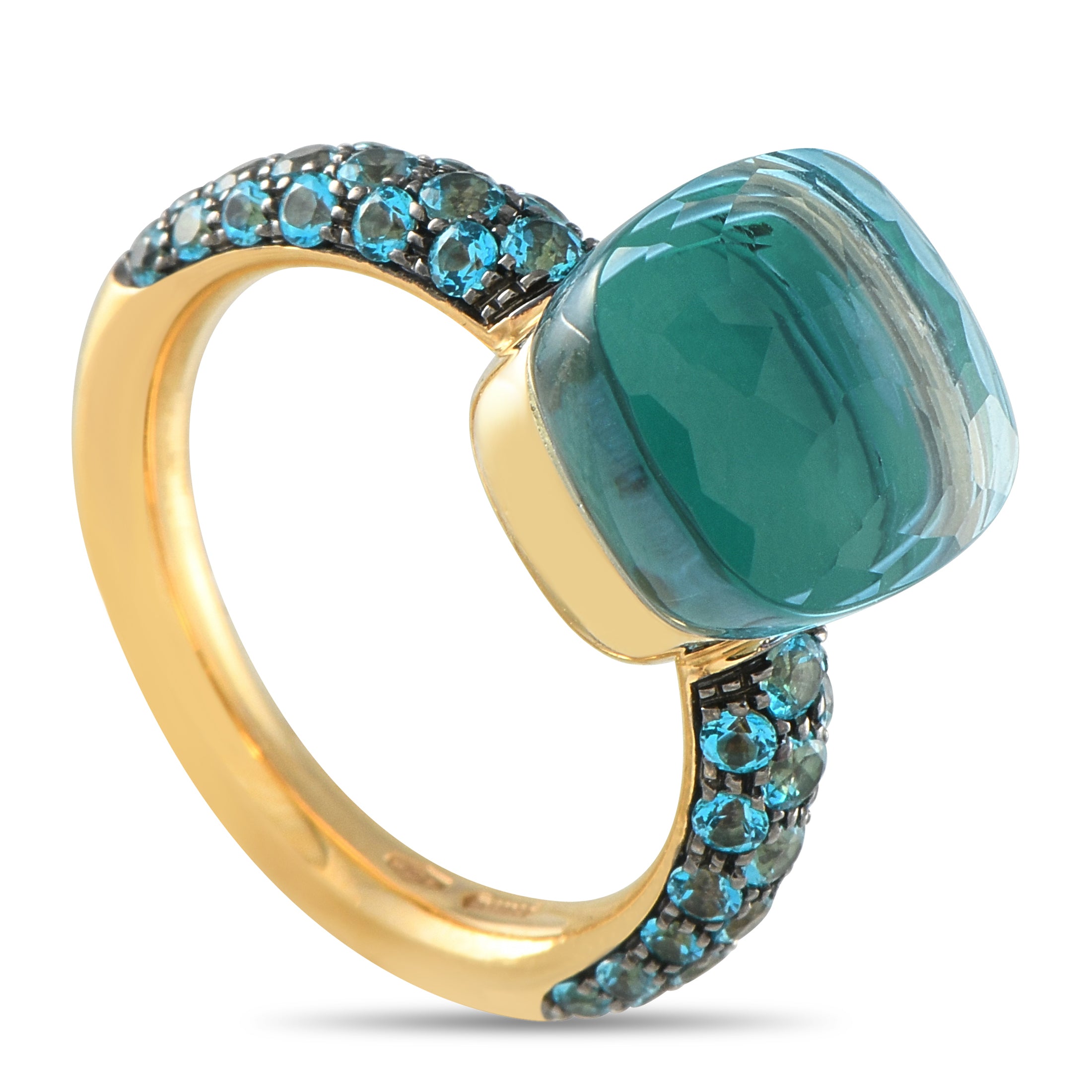 2269 Pomellato Nudo 18K Yellow Gold Blue Topaz and Agate Ring PO31 041525