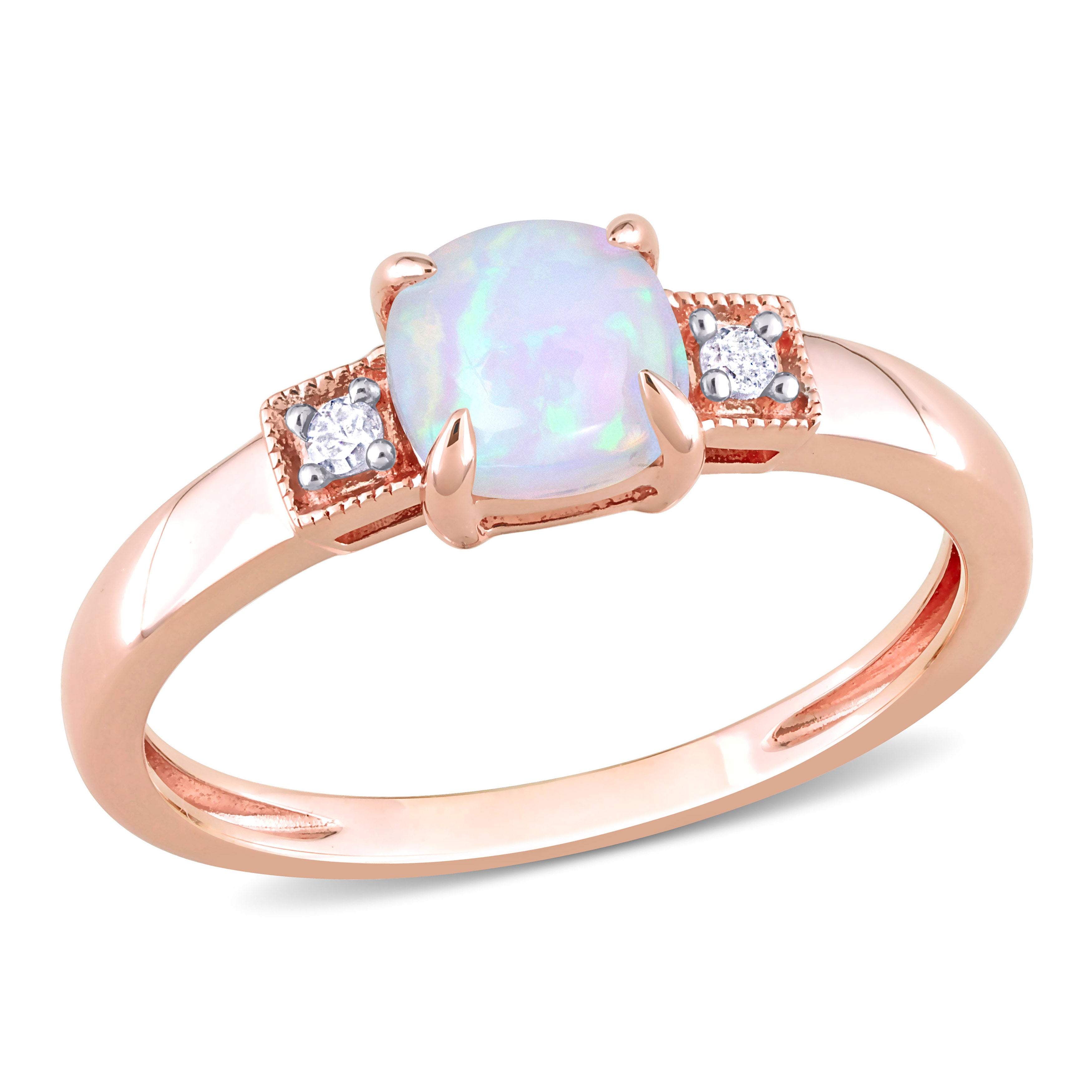 2313 1 1 5 CT TGW Cushion Shape Blue Ethiopian Opal and Diamond Accent Ring in 10K Rose Gold