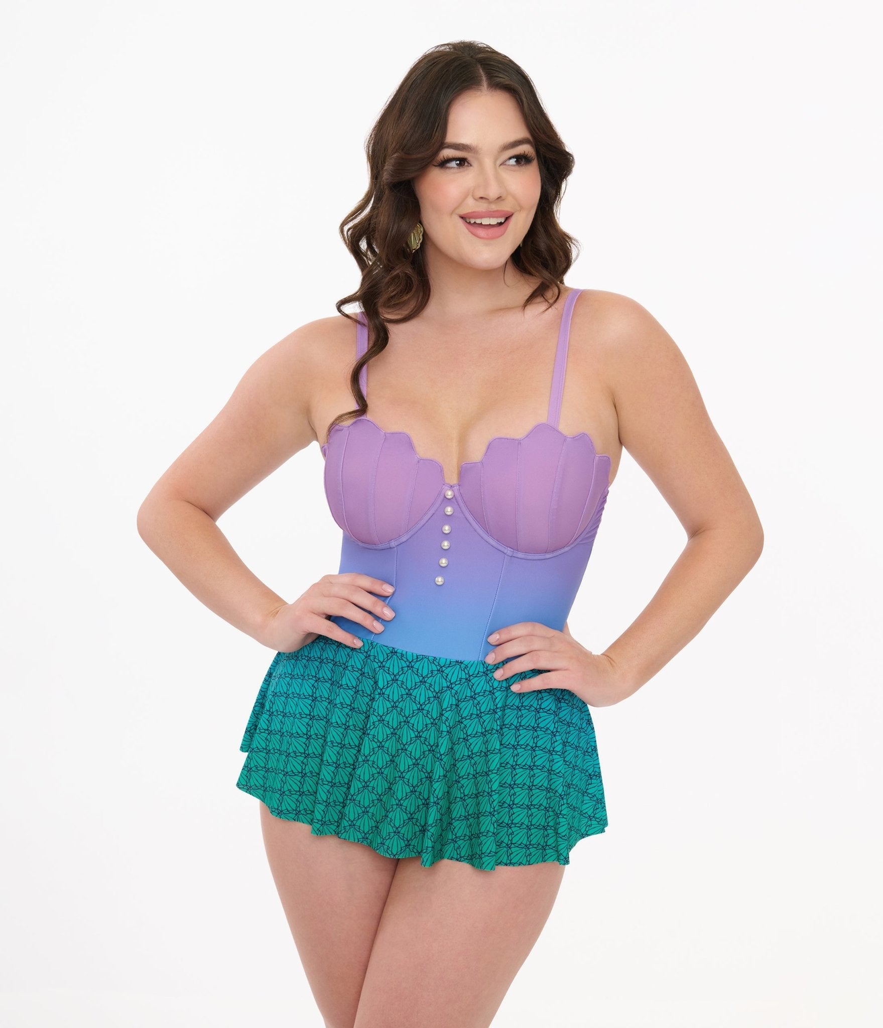 Disney Princess Collection by Unique Vintage Ombre Skirted One Piece Ariel Swimsuit