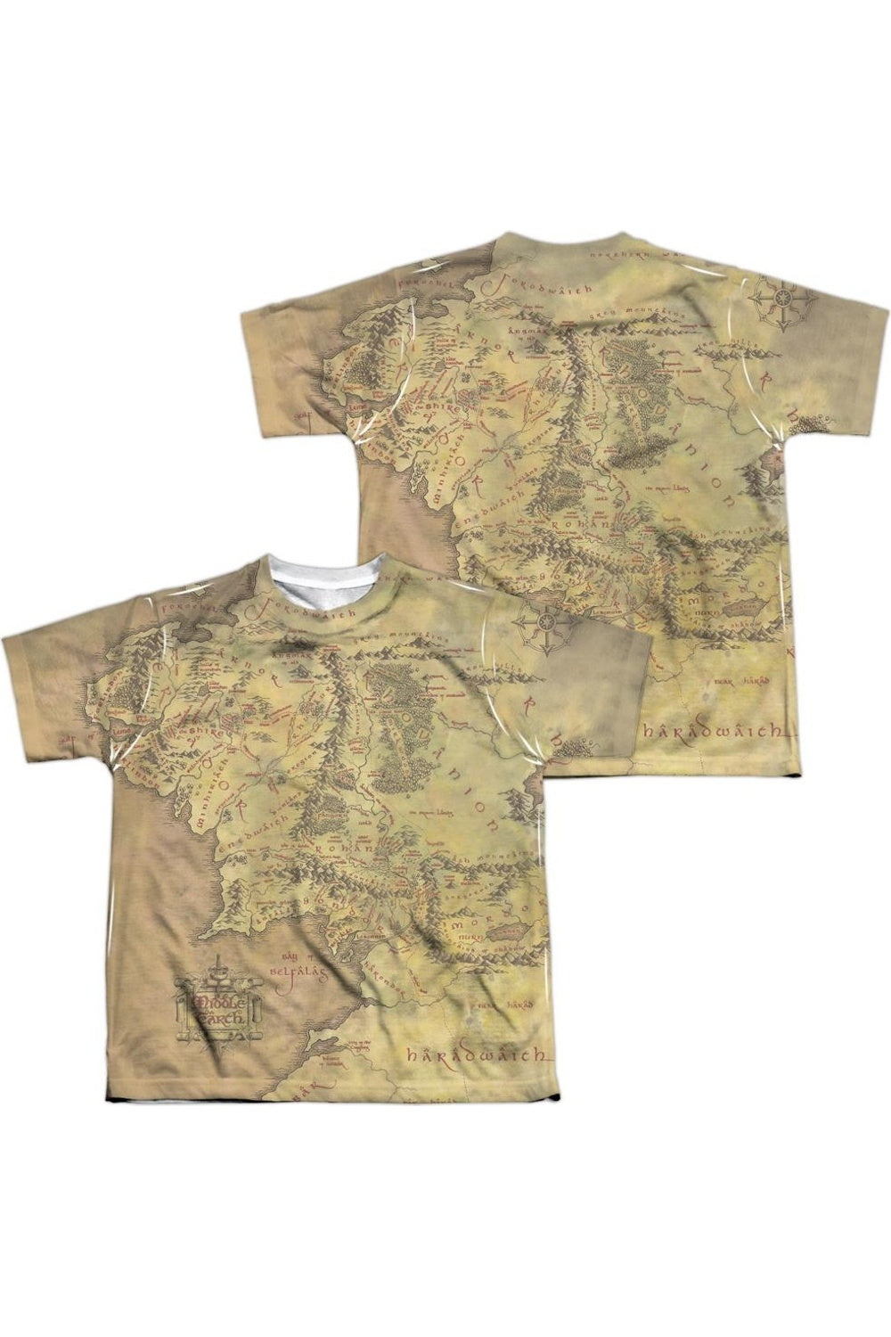 2712 Lord Of The Rings Middle Earth Map (Front Back Print) Short Sleeve Youth Poly Crew Tee   T Shirt