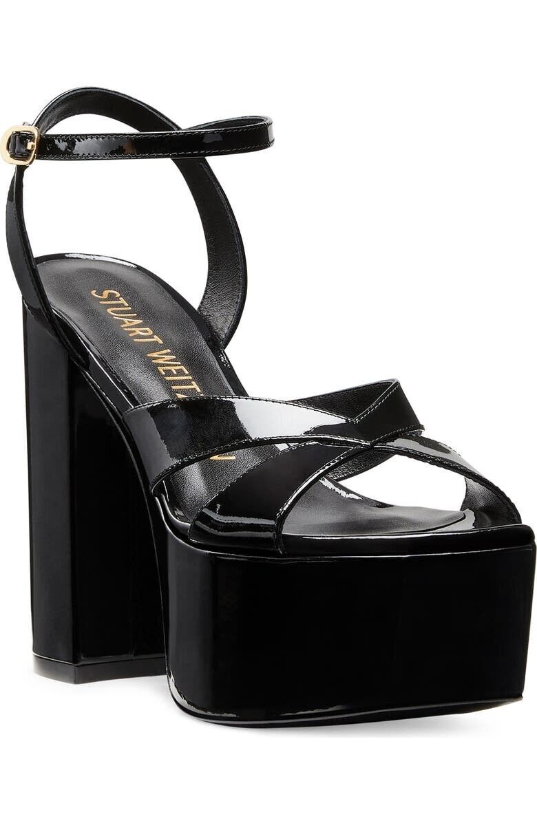 2718 Stuart Weitzman Miami Squarehigh 140 Women's US 10.5 Black Patent Sandals KHD890