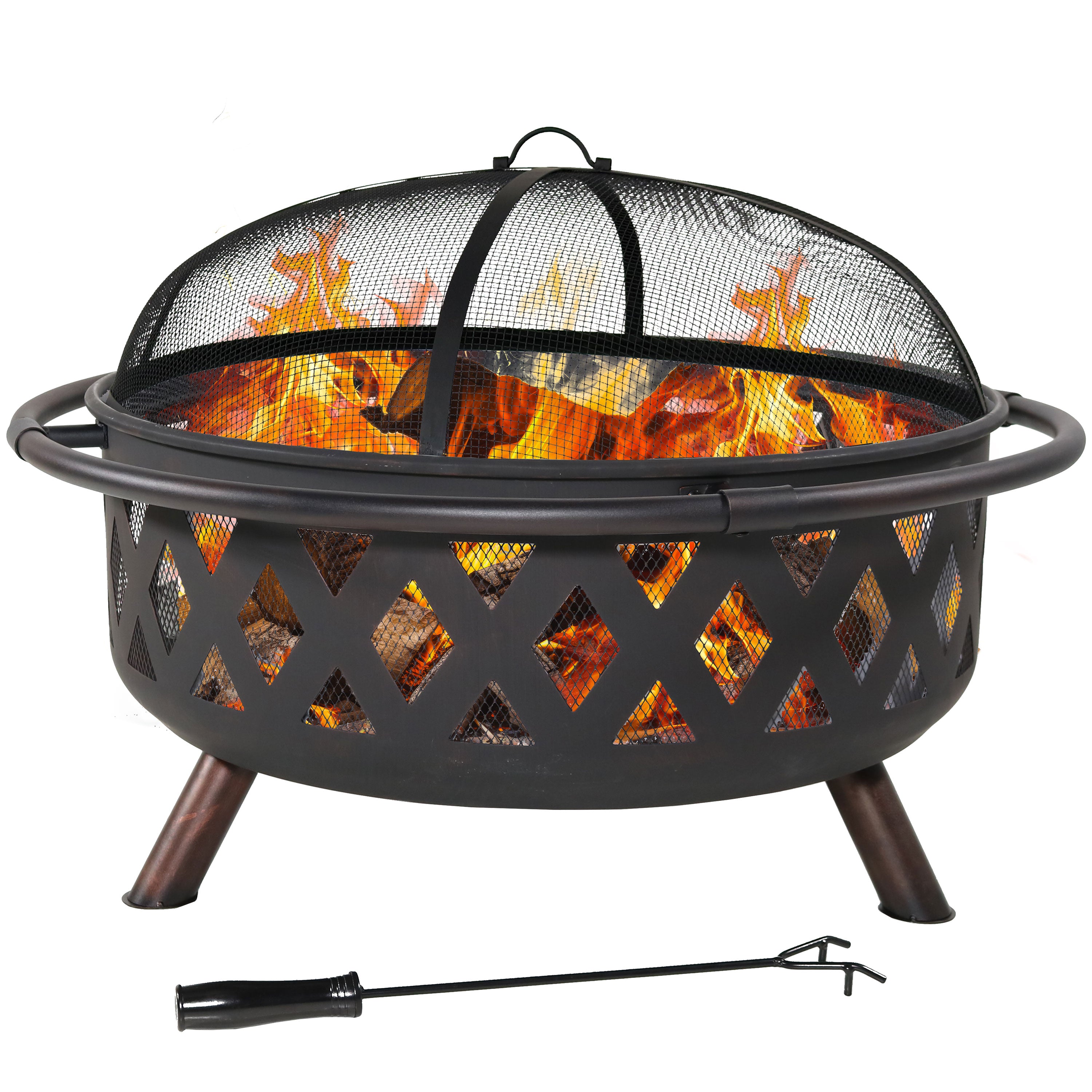 2936 Sunnydaze Outdoor Camping or Backyard Round Crossweave Cut Out Fire Pit with Spark Screen  Log Poker  and Cover   36"
