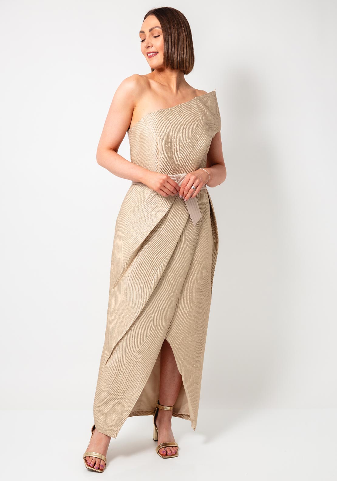 Giorgia Jo Lurex Textured One Sleeve Pencil Dress  Gold