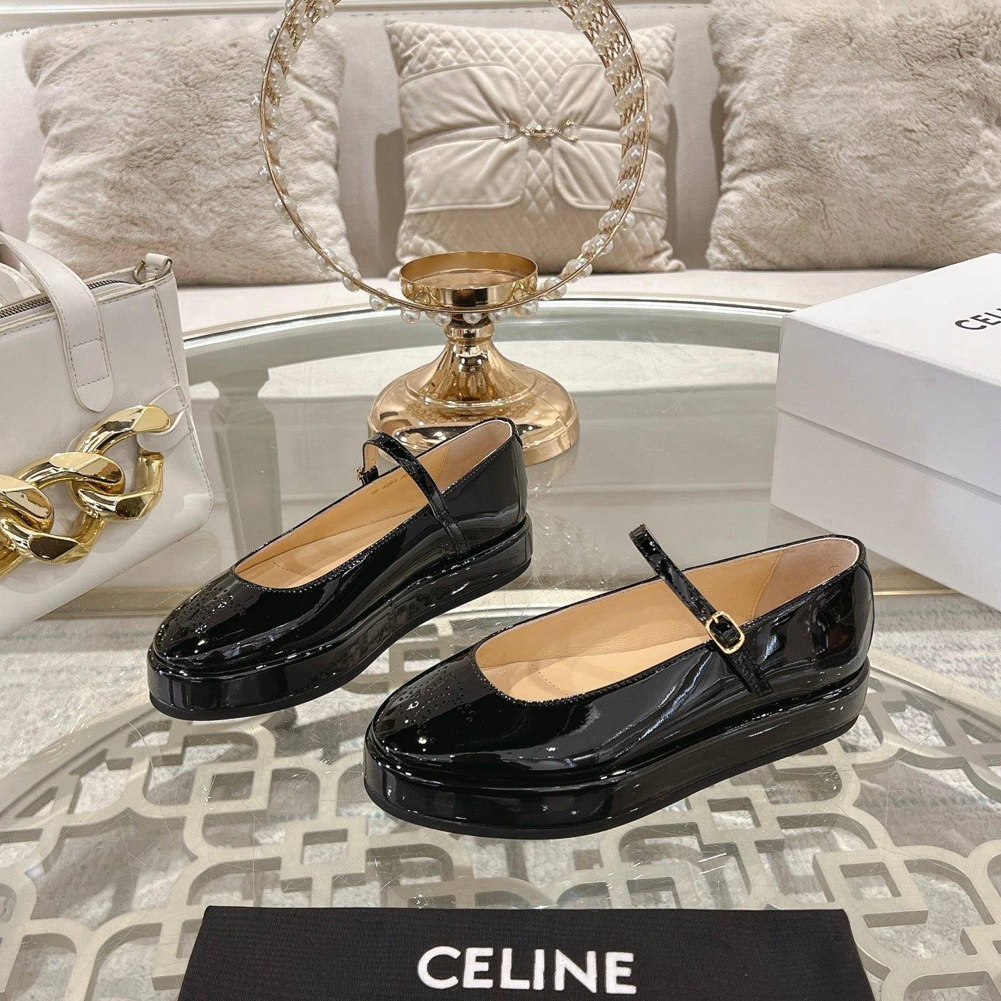 CELINE SHOES CLARA WEDGE MARY JANE BALLERINA IN BLACK PATENT CALFSKIN