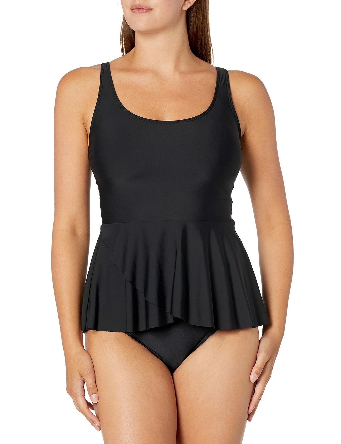 ATHENA Women's Standard Ruffle Waist Swimsuit Tankini Top  Samba Solids Black 