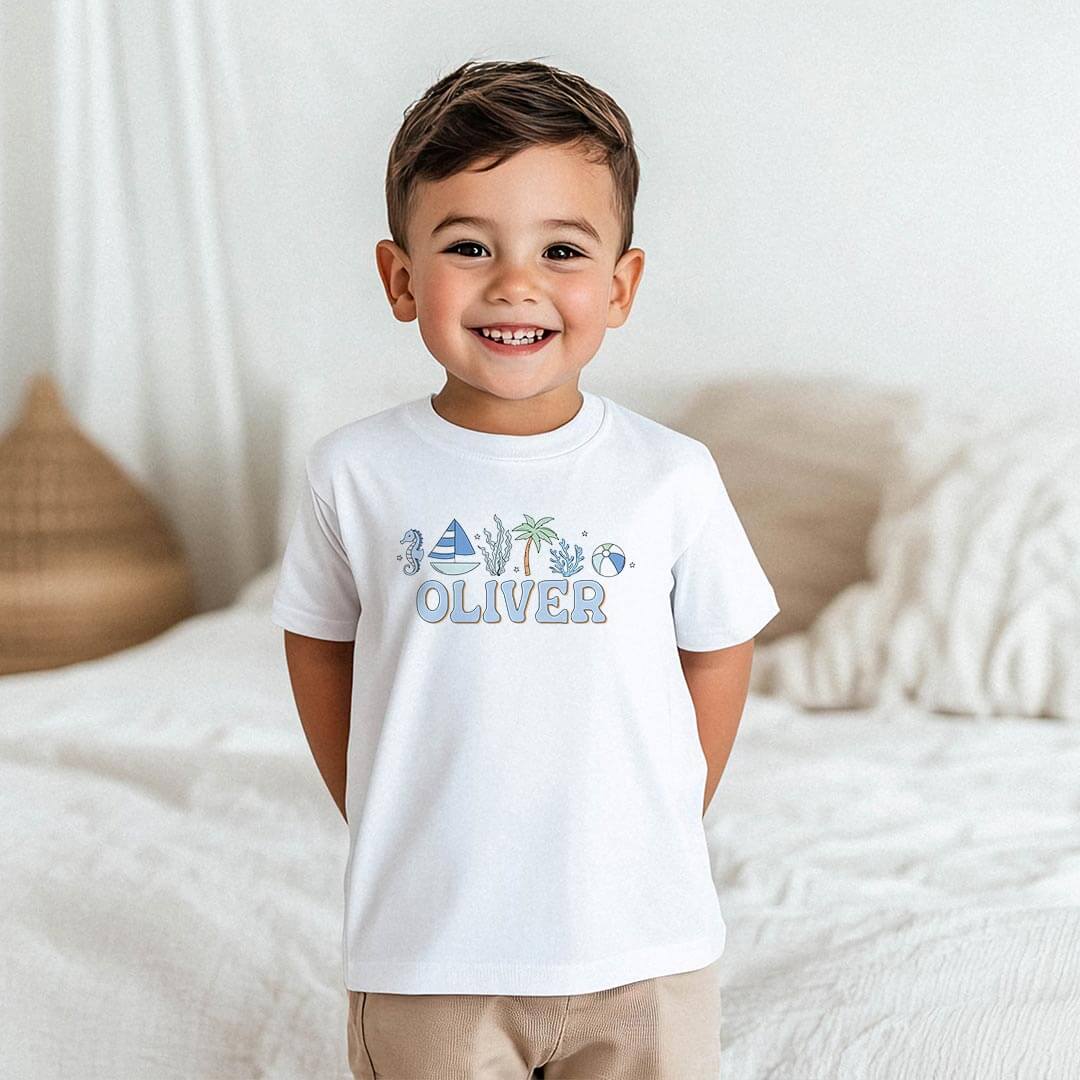CLDTG Personalized Tiny Tides Blue Kids Graphic Tee   White
