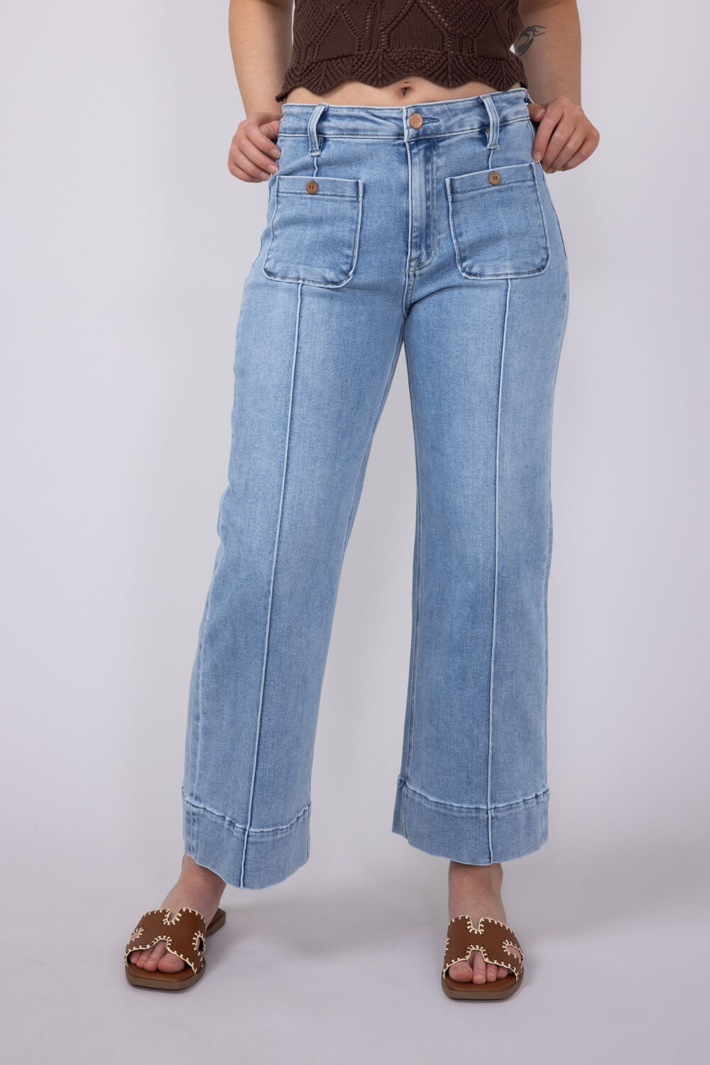 Risen Jeans High Rise Crop Wide Leg Exposed Stitch Jeans for Women   PWC21009 LT
