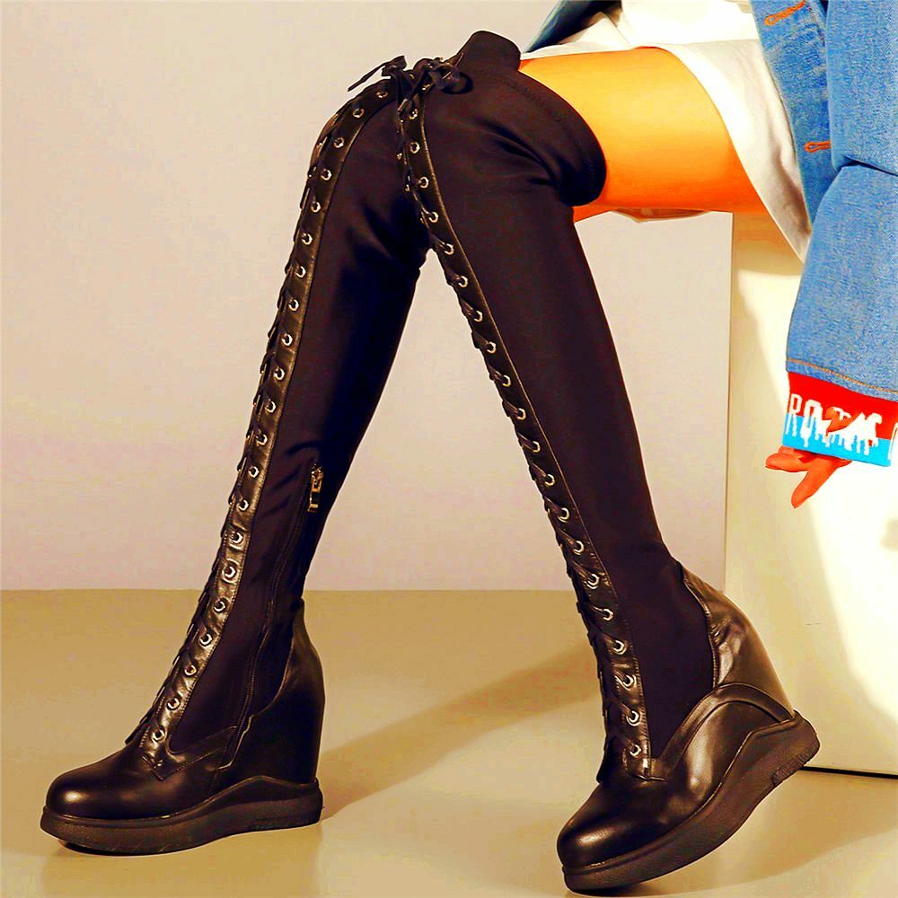 MISS LOLA Women Cow Leather Platform Wedge Thigh High Over the Knee Boots Fashion Sneakers