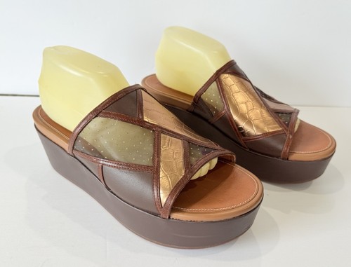 Fitflop Eloise Art Deco Platform Sandals Wedge Slides Women's Size 11 Brown